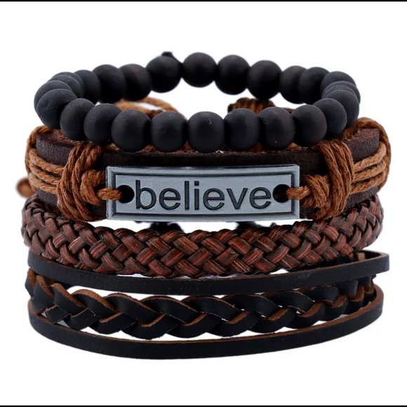 Leather beads braided wrap cuff link bracelet - Picture 2 of 6